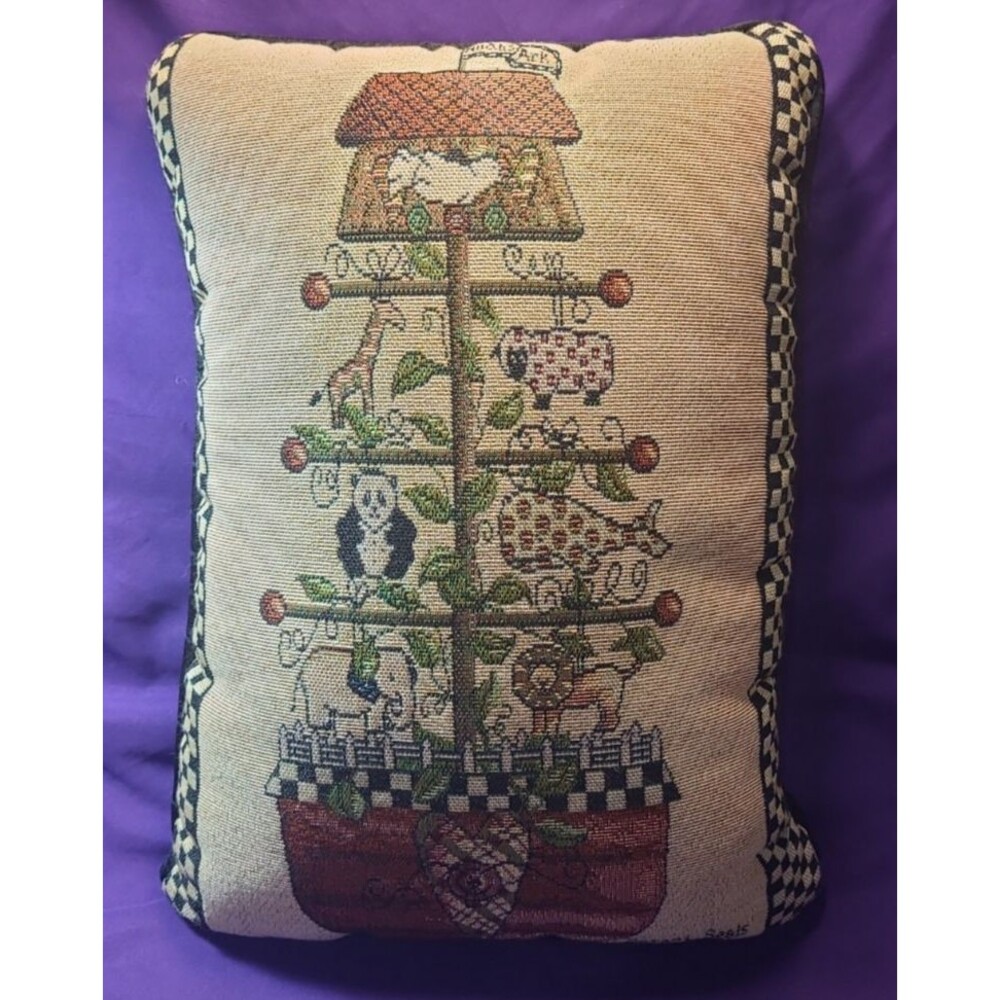 Vintage Noahs Ark Topiary Throw Pillow Needlepoint Folk Art Susan Seals Nursery